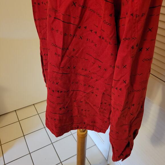 90s Abstract Print Red Plush Button Up Shirt Dressbarn XL Geometric Motif - Picture 3 of 7